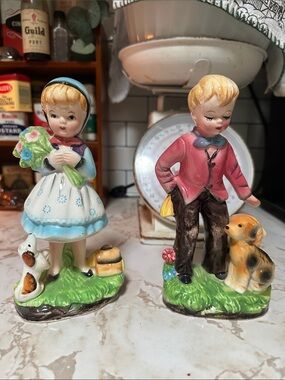 Vintage Style Ceramic Girl and Boy Figurine Pair - Pastel Blue & Pink